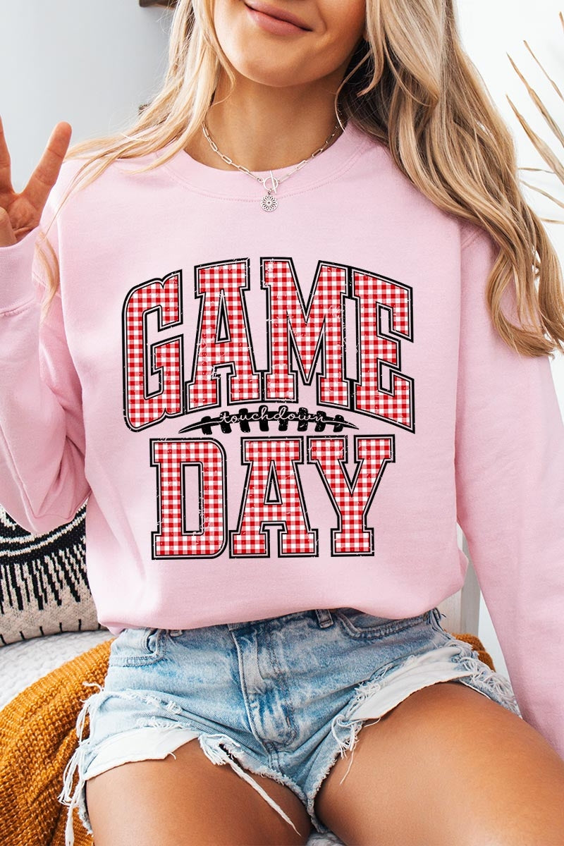 UL180P-E3126 Red Gingham Game Day Graphic Plus Sweatshirt $25
