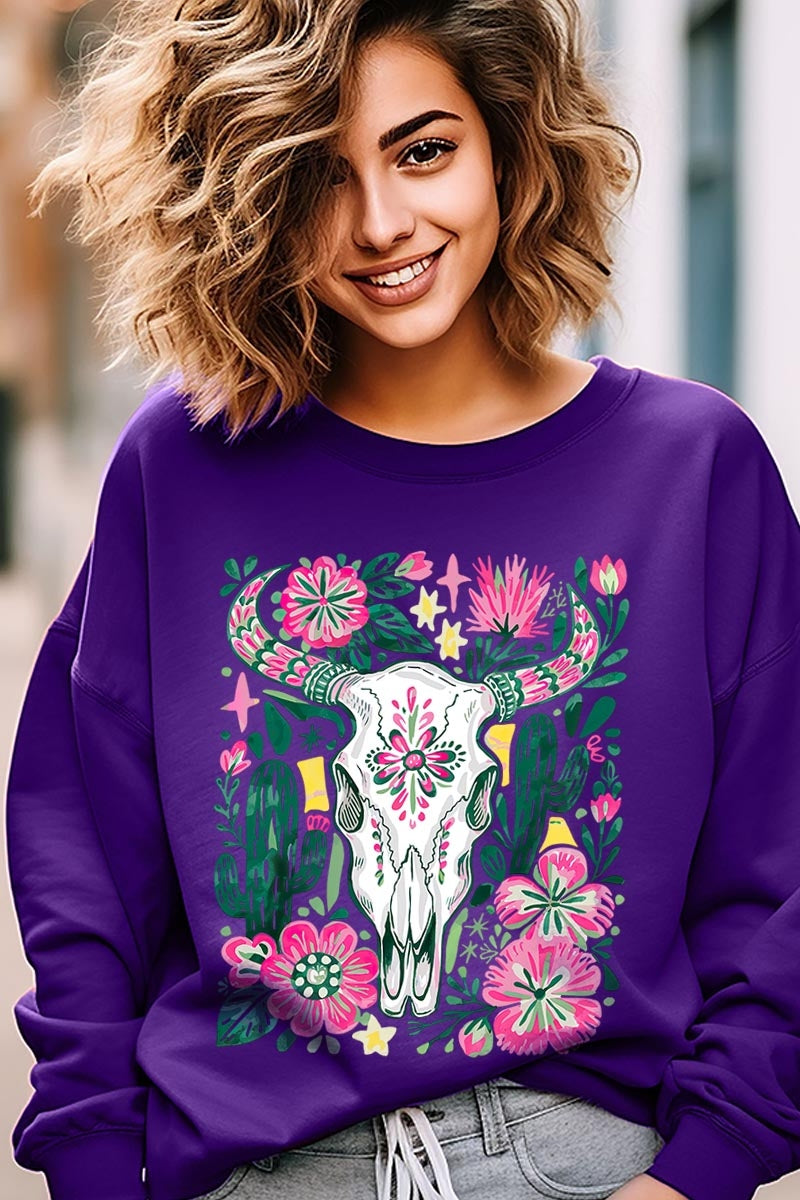 UL180-E3086 Western Floral Cow Skull Graphic Sweatshirt $20