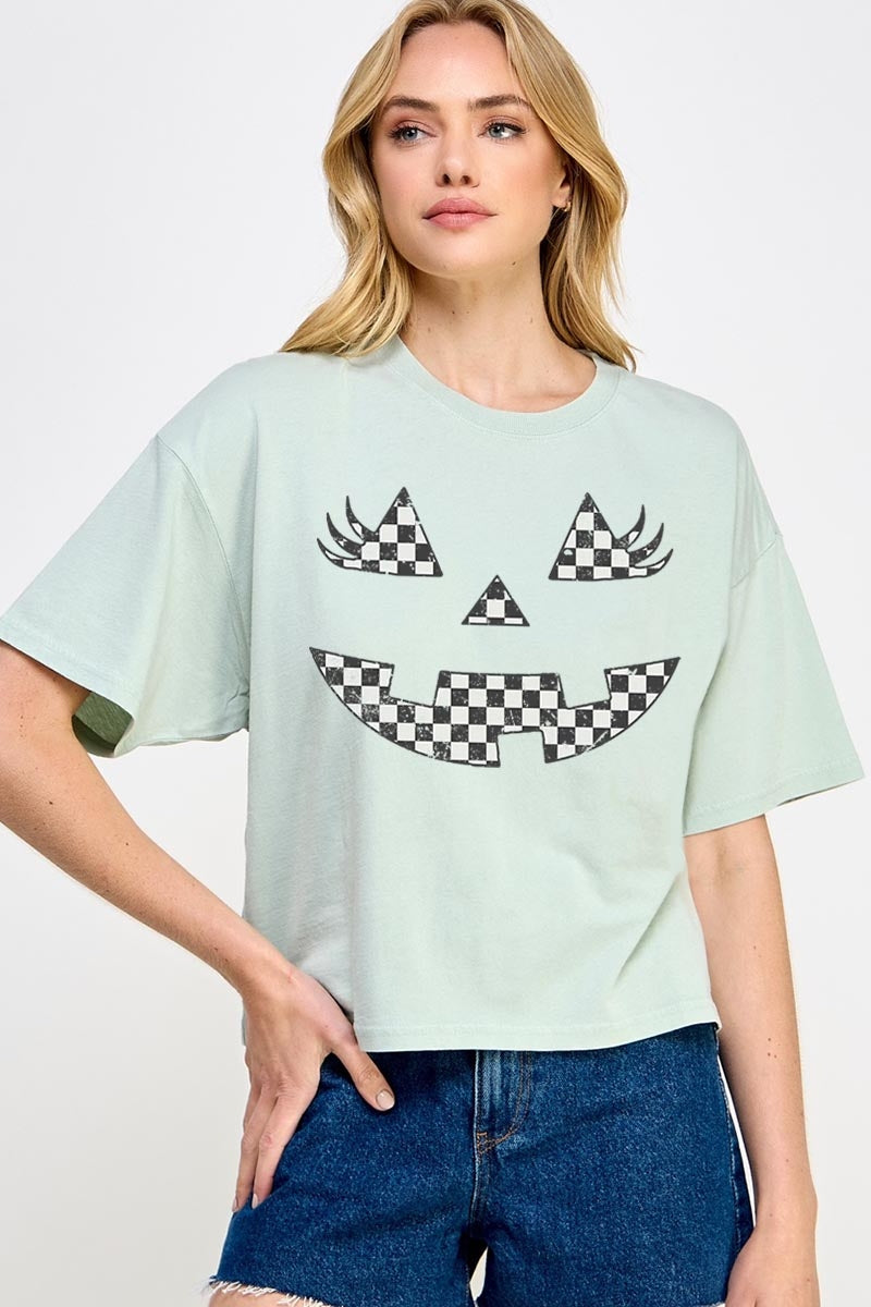 CTS-E3149 Checker Pumpkin Face Graphic Relaxed Crop Top $11