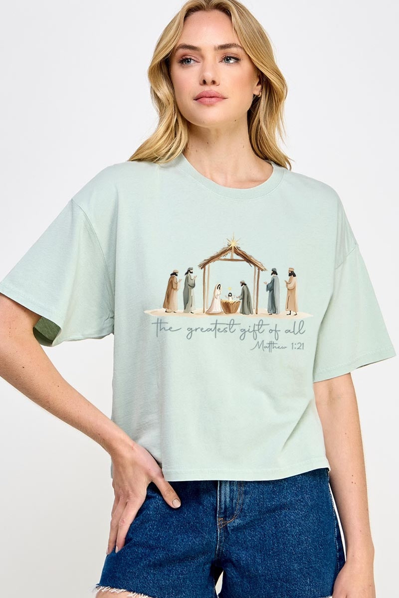 CTS-E3183 Nativity Gift Graphic Relaxed Crop Top $11