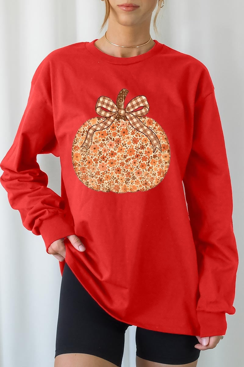 UL240-E3135 Floral Fall Pumpkin Graphic Long Sleeve Tee $13.75