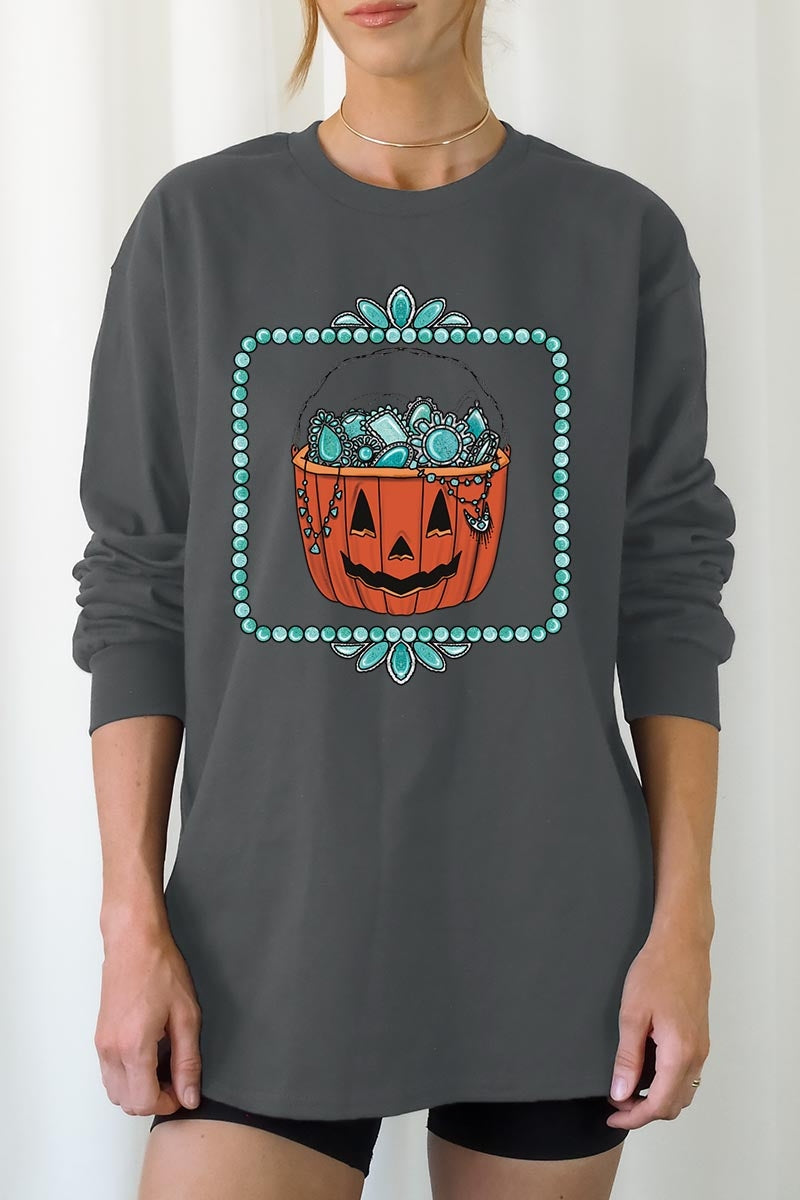 UL240P-E3140 Halloween turquoise pumpkin Plus Long Sleeve Tee $17