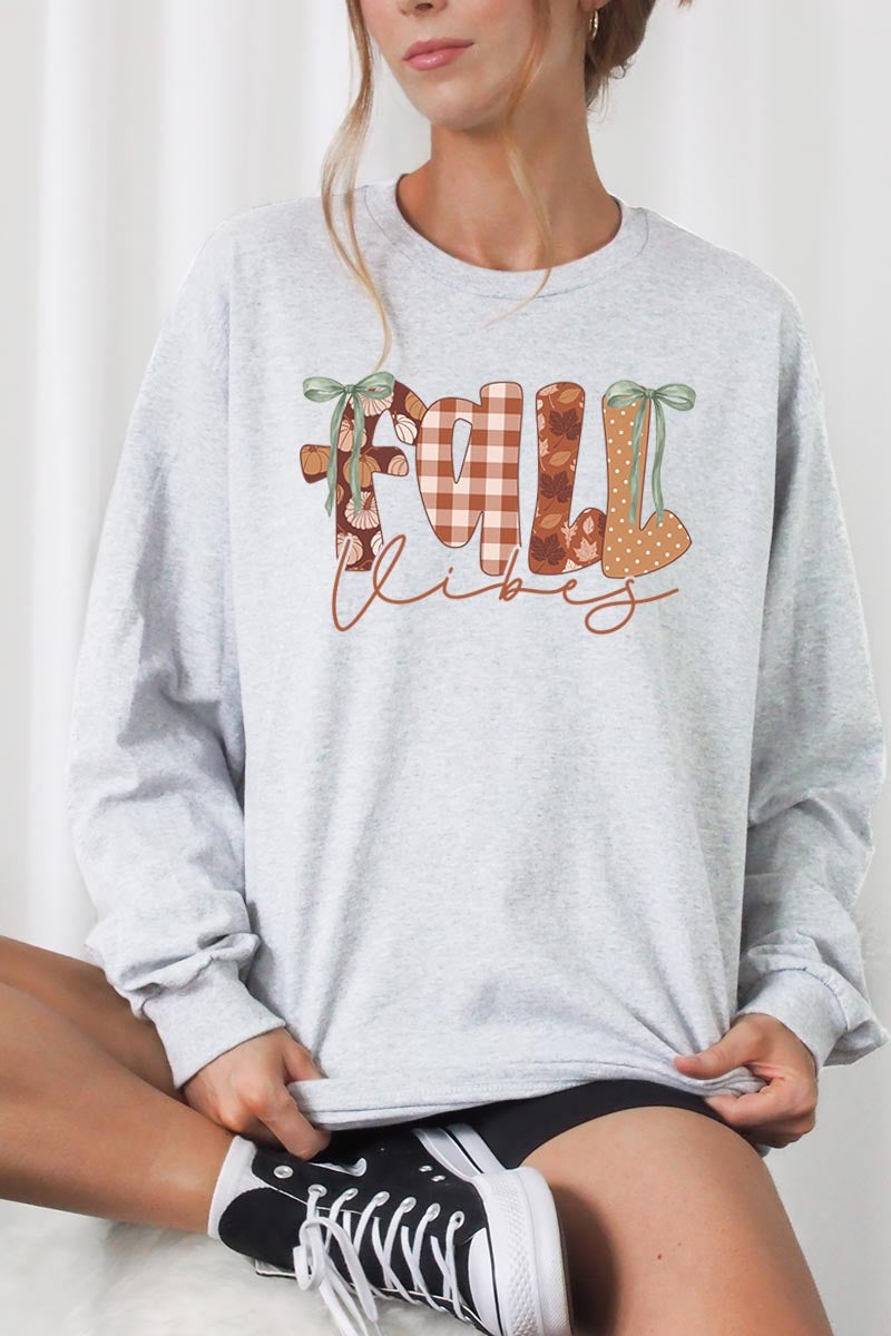 UL240-E3071 Fall Vibes Rustic Script Graphic Long Sleeve Tee $13.75