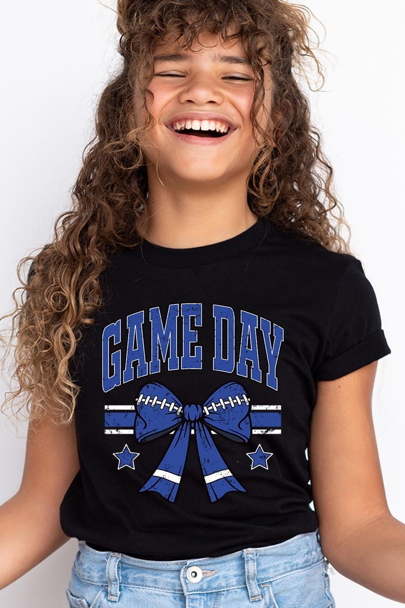 US3001Y-E3065Z Blue Game Day Football Bow Kids Graphic Tee $11