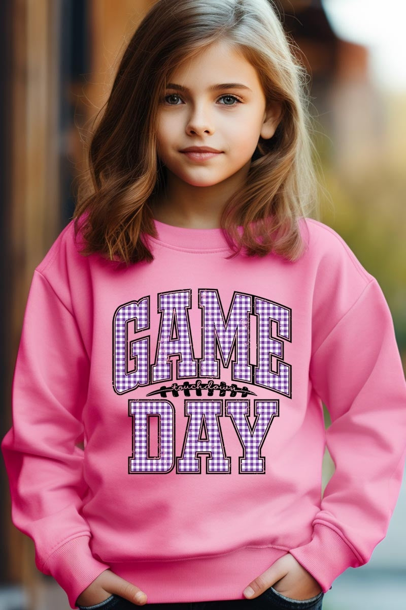 UL180B-E3127Z Purple Gingham Game Day Kids Graphic Sweatshirt $20