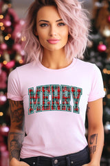 US3001-E3210 Classic Plaid Merry Graphic Tee $12.5