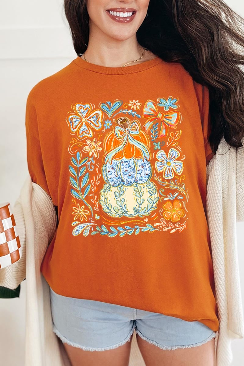 5000-E3153 Floral Pumpkin Stack Graphic Heavy Cotton Tee $9