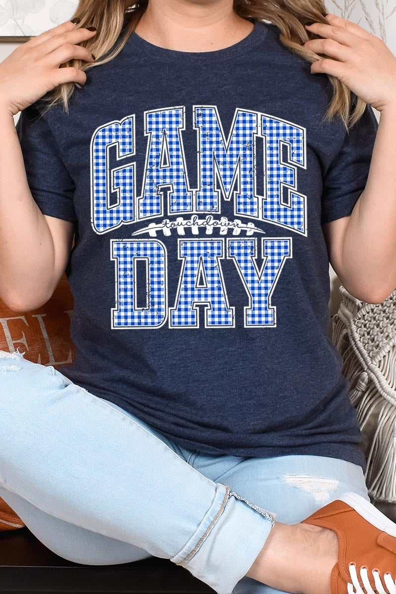 US3001-E3130 Blue Gingham Game Day Graphic Tee $12.5