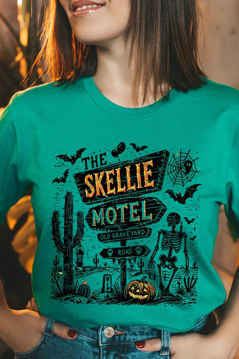 US3001-E3108 Skellie Motel Halloween Graphic Tee $12.5