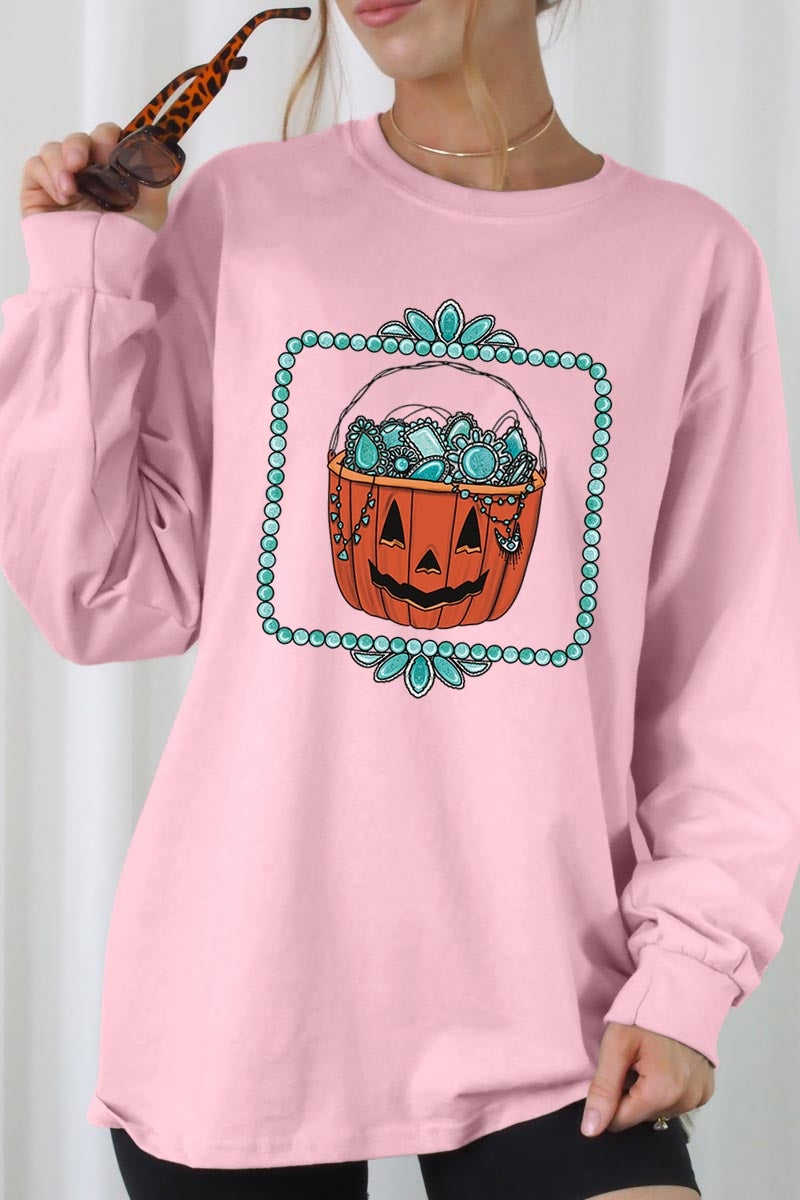 UL240-E3140 Halloween turquoise pumpkin Long Sleeve Tee $13.75