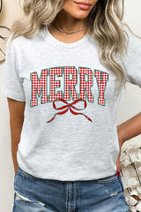 US3001-E3206 Plaid Merry Christmas Bow Graphic Tee $12.5