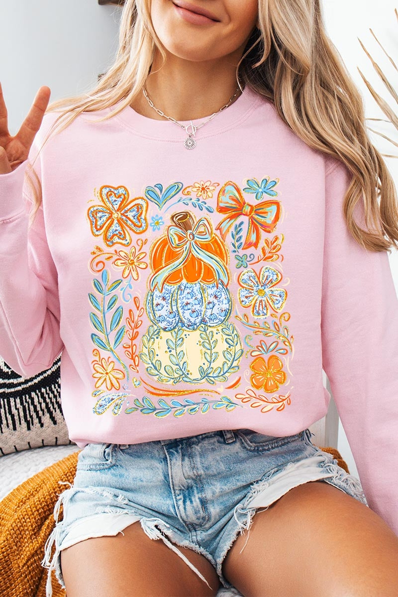 UL180-E3153 Floral Pumpkin Stack Graphic Sweatshirt $20