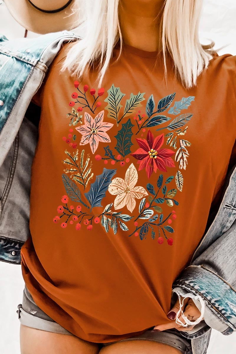 US3001-E3186 Floral Christmas Graphic Tee $12.5