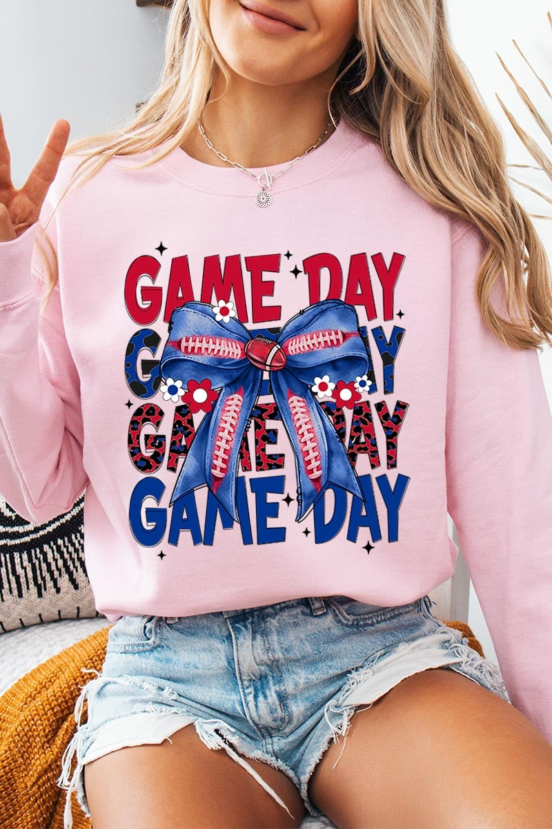UL180-E3087 Red Blue Football Game Day Bow Graphic Sweatshirt $20