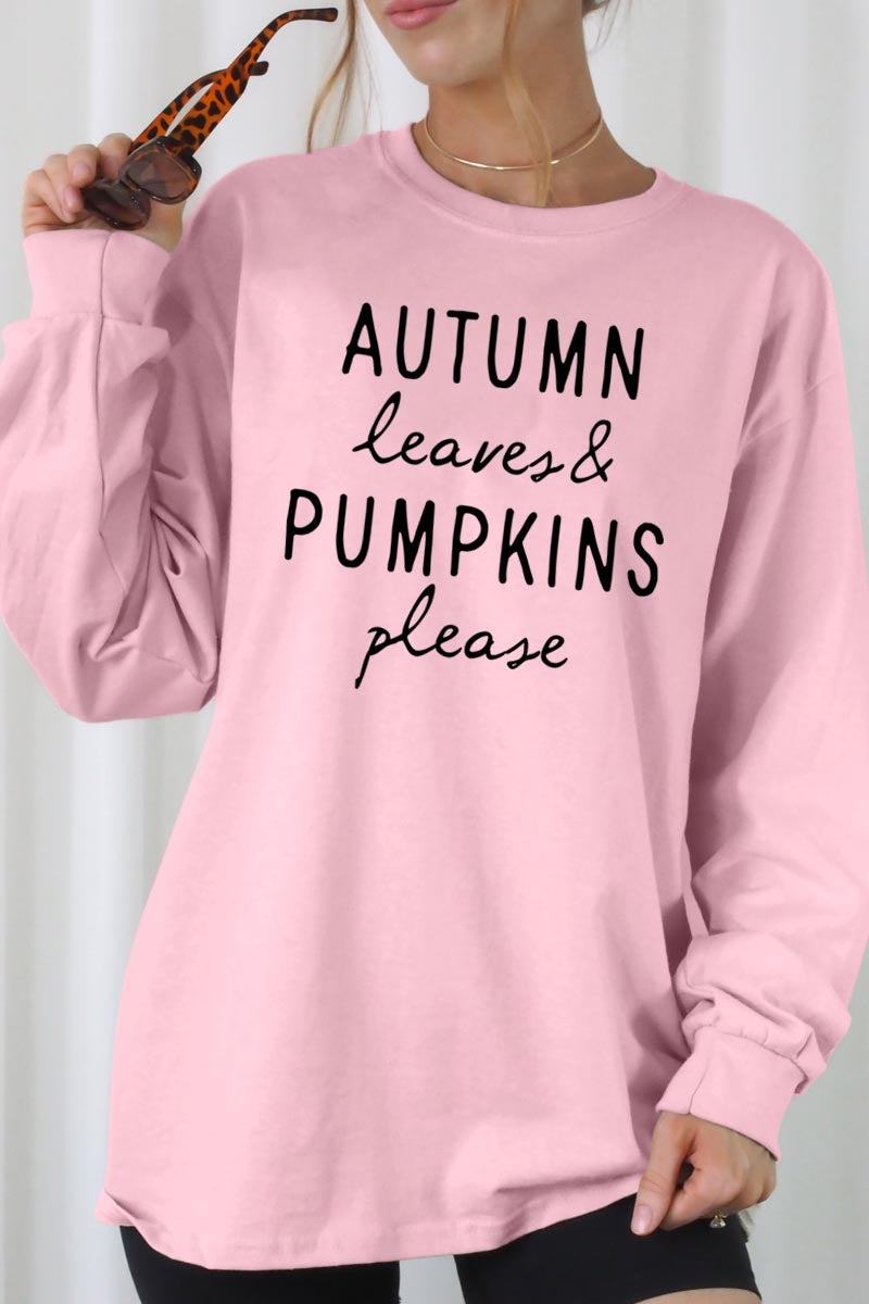 UL240-E3158 Autumn Leaves Pumpkins Graphic Long Sleeve Tee $13.75