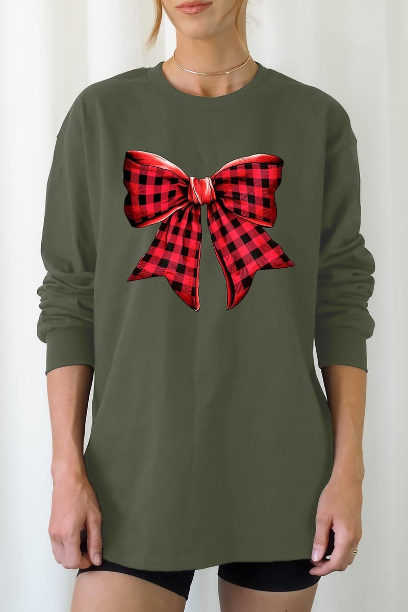 UL240-E3198 Red Buffalo Plaid Bow Graphic Long Sleeve Tee $13.75