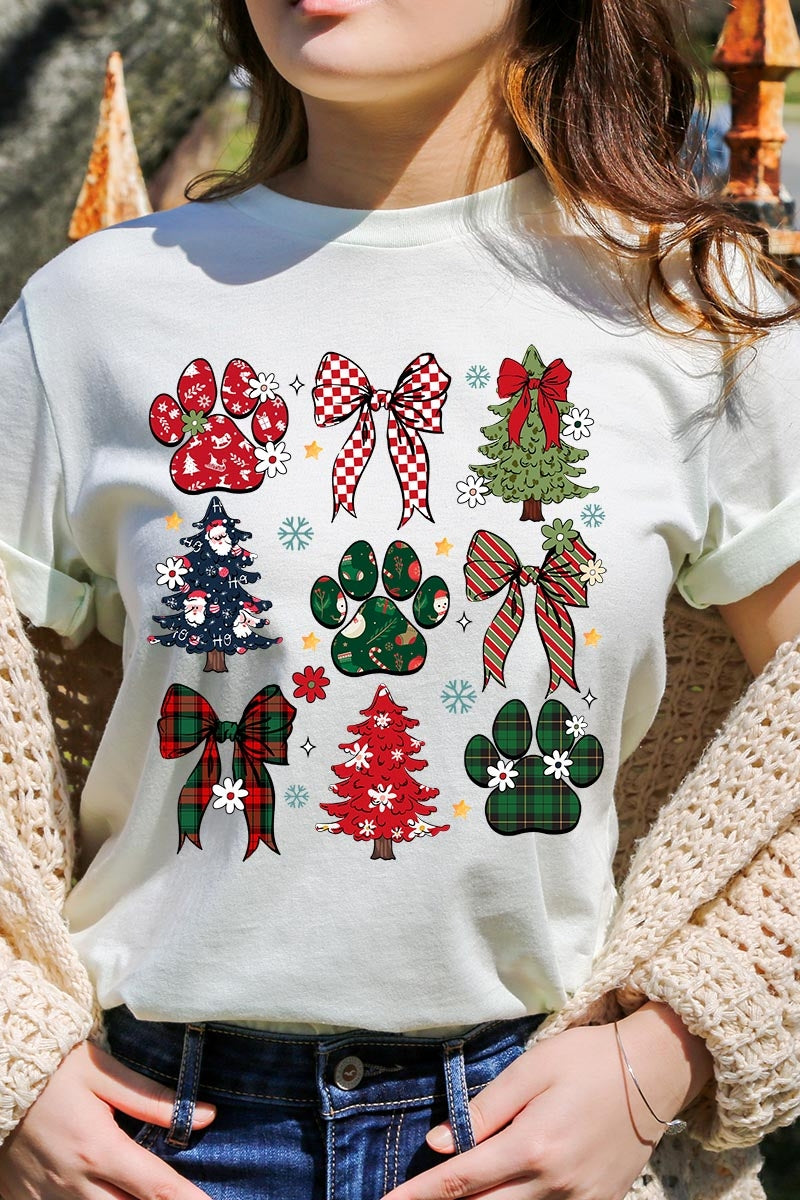 US3001-E3195 Christmas Bow Paw Graphic Tee $12.5