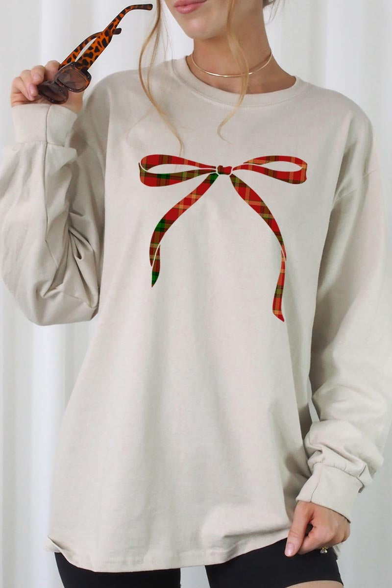 UL240-E3211 Red Bow Christmas Graphic Long Sleeve Tee $13.75