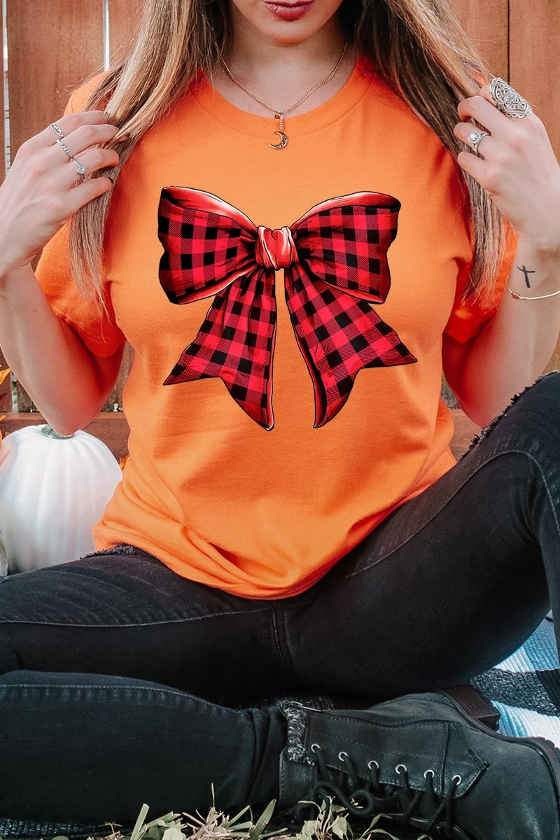 US3001-E3198 Red Buffalo Plaid Bow Graphic Tee $12.5