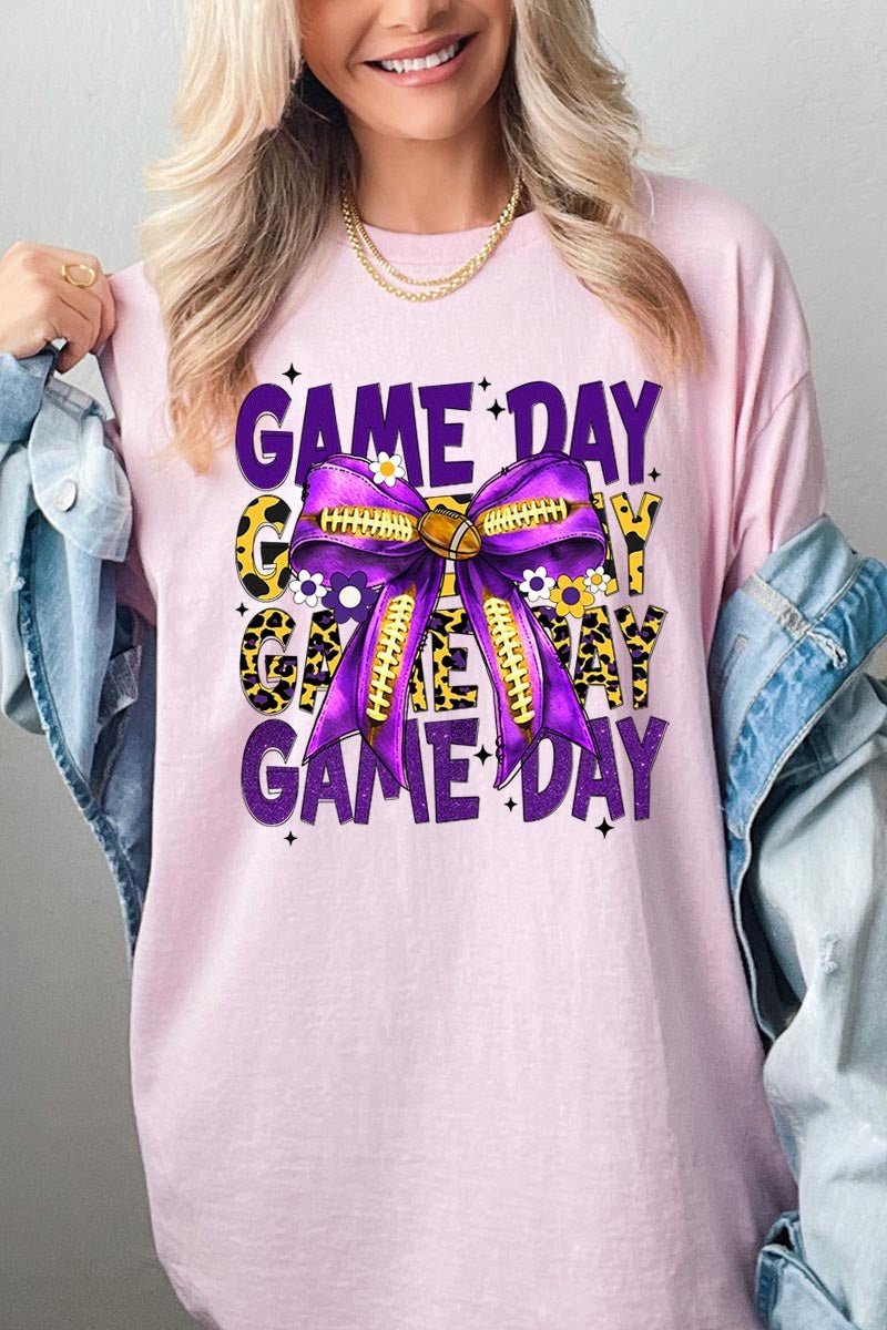 5000P-E3092 Purple Yellow Football Bow Plus Heavy Cotton Tee $12.75