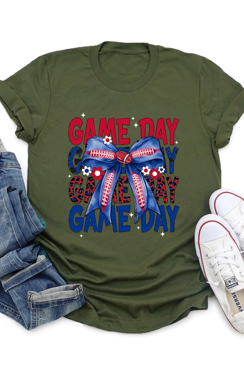 US3001-E3087 Red Blue Football Game Day Bow Graphic Tee $12.5