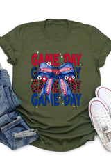 US3001-E3087 Red Blue Football Game Day Bow Graphic Tee $12.5