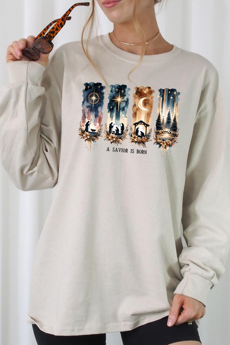UL240-E3204 Savior Is Born Nativity Graphic Long Sleeve Tee $13.75