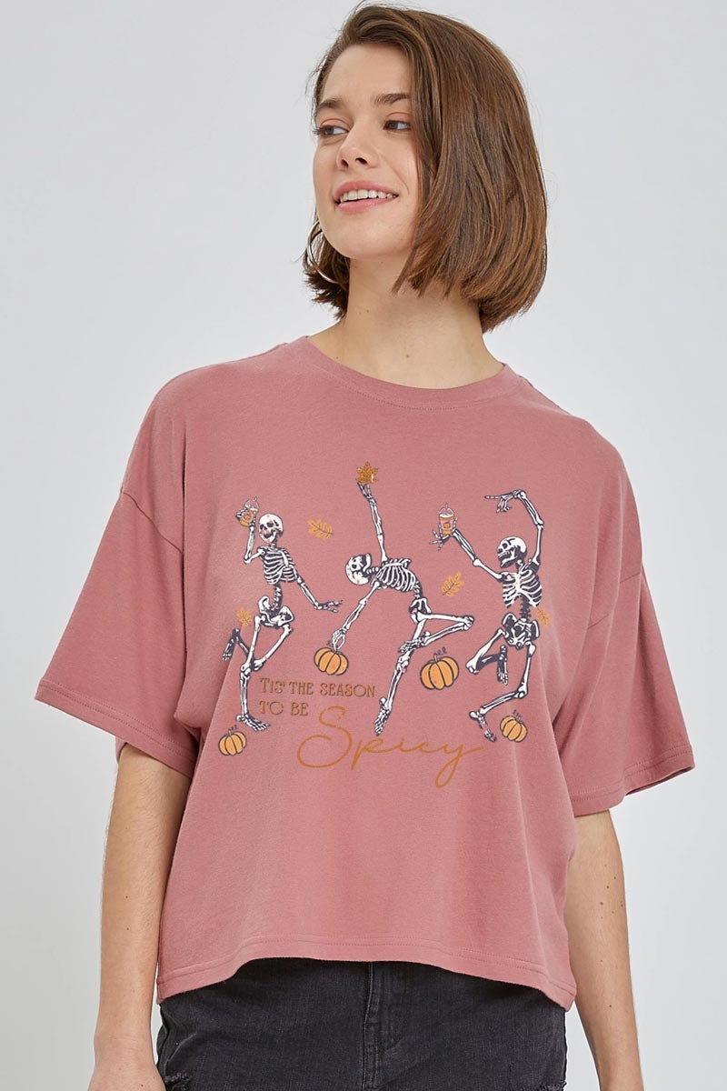 CTS-E3123 Halloween Skeleton Graphic Relaxed Crop Top $11