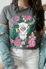 US3001P-E3086 Western Floral Cow Skull Graphic Plus Tee $16