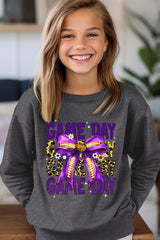 UL180B-E3092Z Purple Yellow Football GameDay Bow Kids Sweatshirt $20