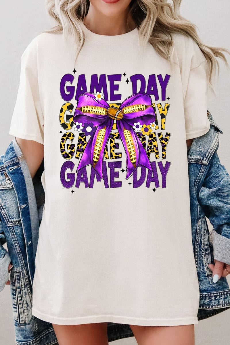5000-E3092 Purple Football Game Day Bow Heavy Cotton Tee $9