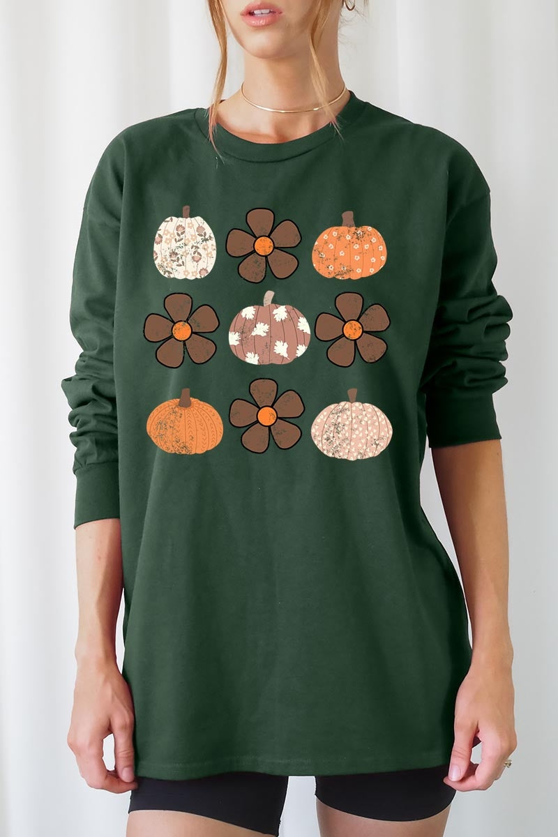 UL240P-E3117 Pumpkins & Flowers Fall Plus Long Sleeve Tee $17