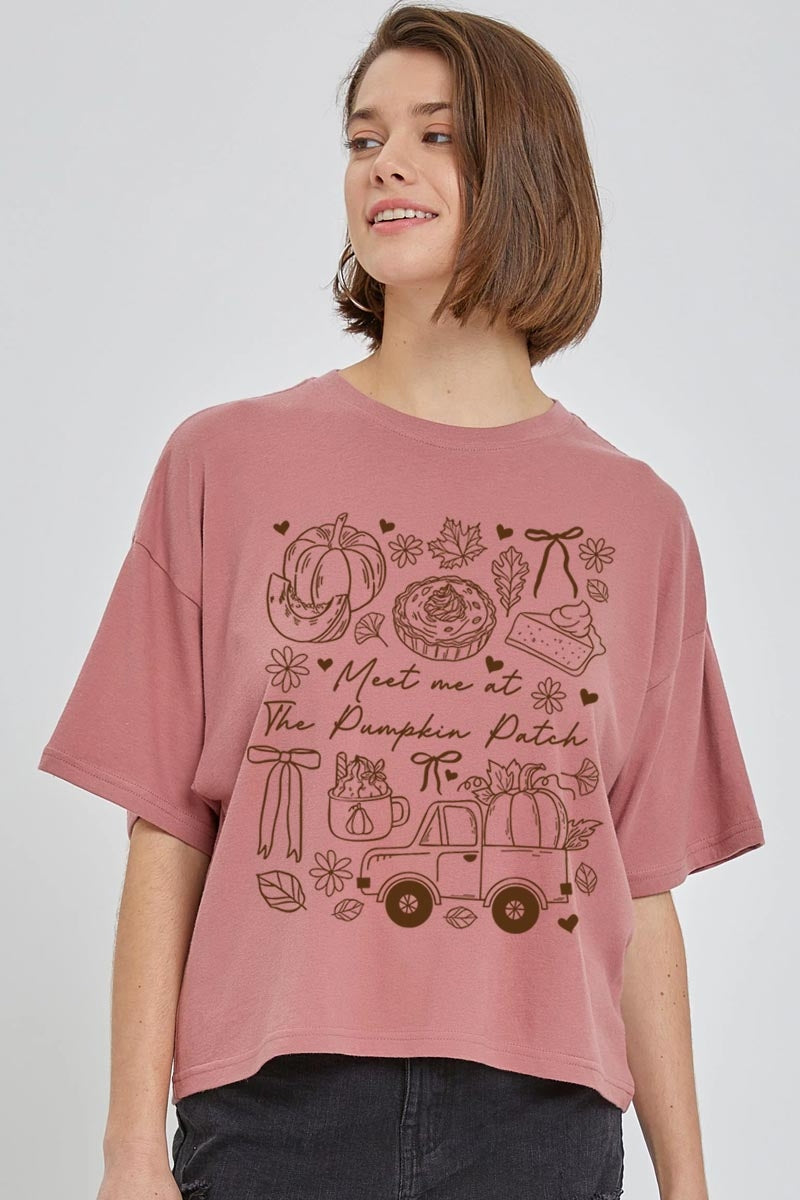 CTS-E3163 Pumpkin Patch Doodle Graphic Relaxed Crop Top $11