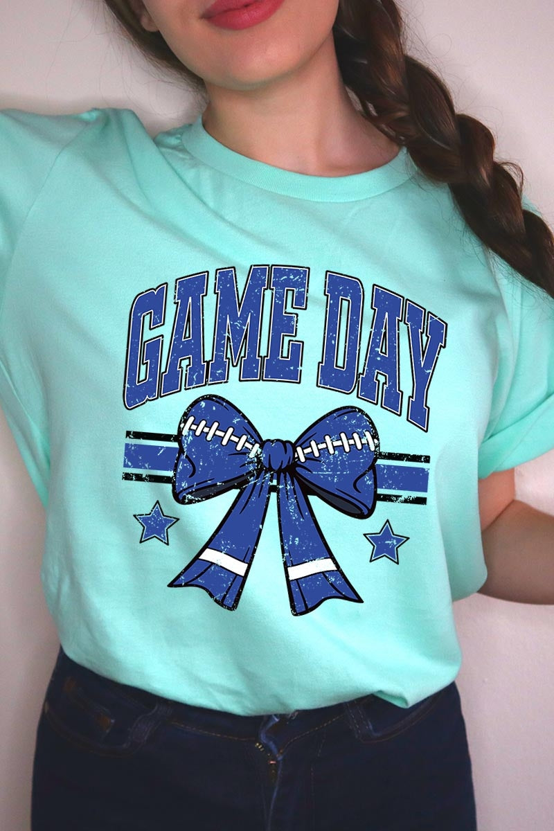 US3001-E3065 Blue Game Day Football Bow Graphic Tee $12.5