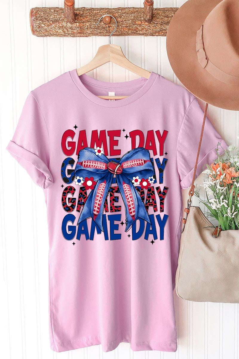 US3001P-E3087 Red Blue Football Game Day Bow Graphic Plus Tee $16