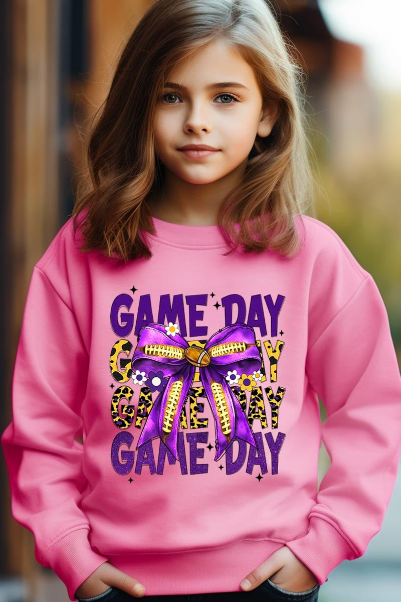 UL180B-E3092Z Purple Yellow Football GameDay Bow Kids Sweatshirt $20