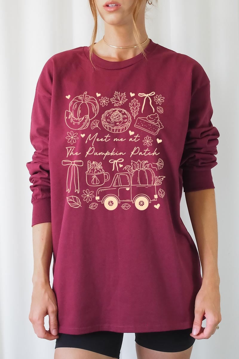 UL240-E3163 Pumpkin Patch Doodle Graphic Long Sleeve Tee $13.75