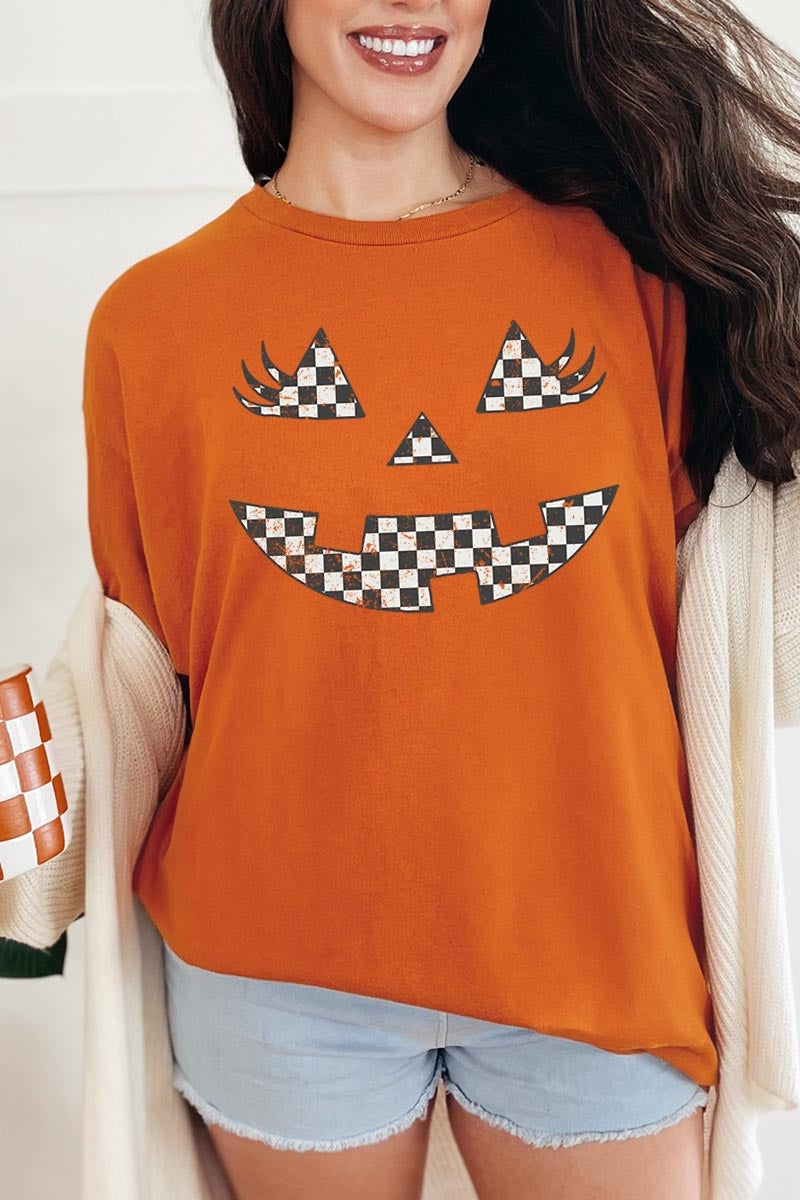 5000-E3149 Checker Pumpkin Face Graphic Heavy Cotton Tee $9
