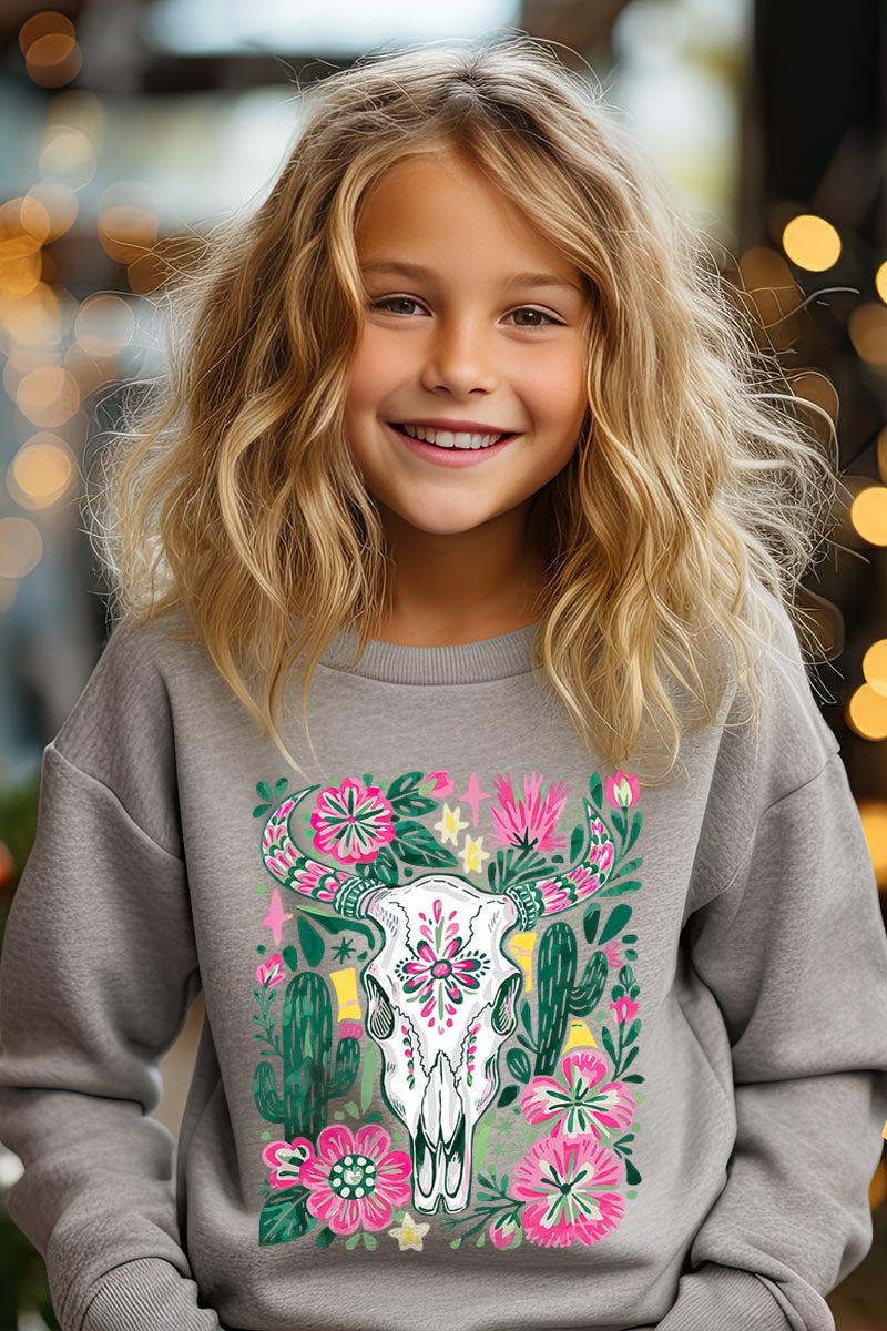 UL180B-E3086Z Western Floral Cow Skull Kids Graphic Sweatshirt $20