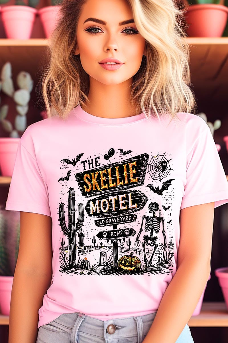 US3001P-E3108 Skellie Motel Halloween Graphic Plus Tee $16