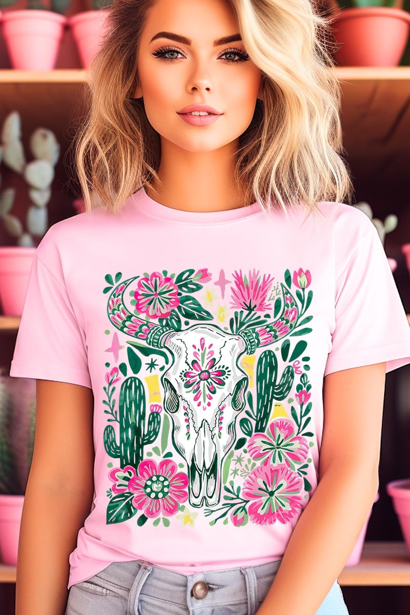 US3001P-E3086 Western Floral Cow Skull Graphic Plus Tee $16