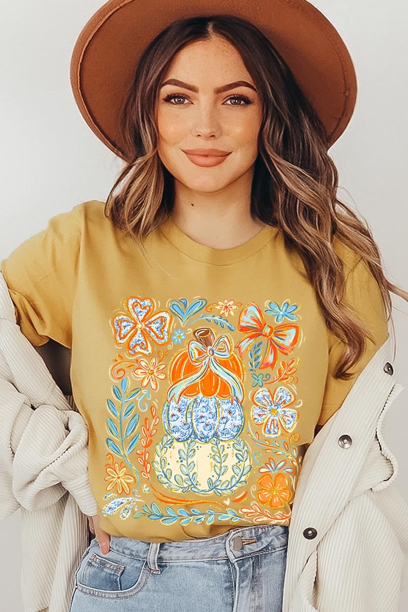 US3001-E3153 Floral Pumpkin Stack Graphic Tee $12.5