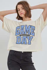 CTS-E3130 Blue Gingham Game Day Graphic Relaxed Crop Top $11