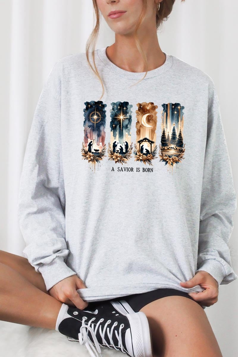 UL240P-E3204 Savior Is Born Nativity Graphic Plus Long Sleeve Tee $17