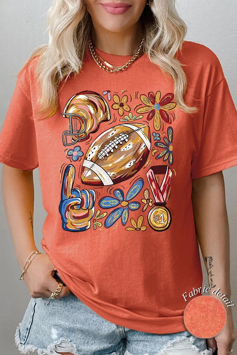 5000P-E3072 Retro Floral Football Graphic Plus Heavy Cotton Tee $12.75