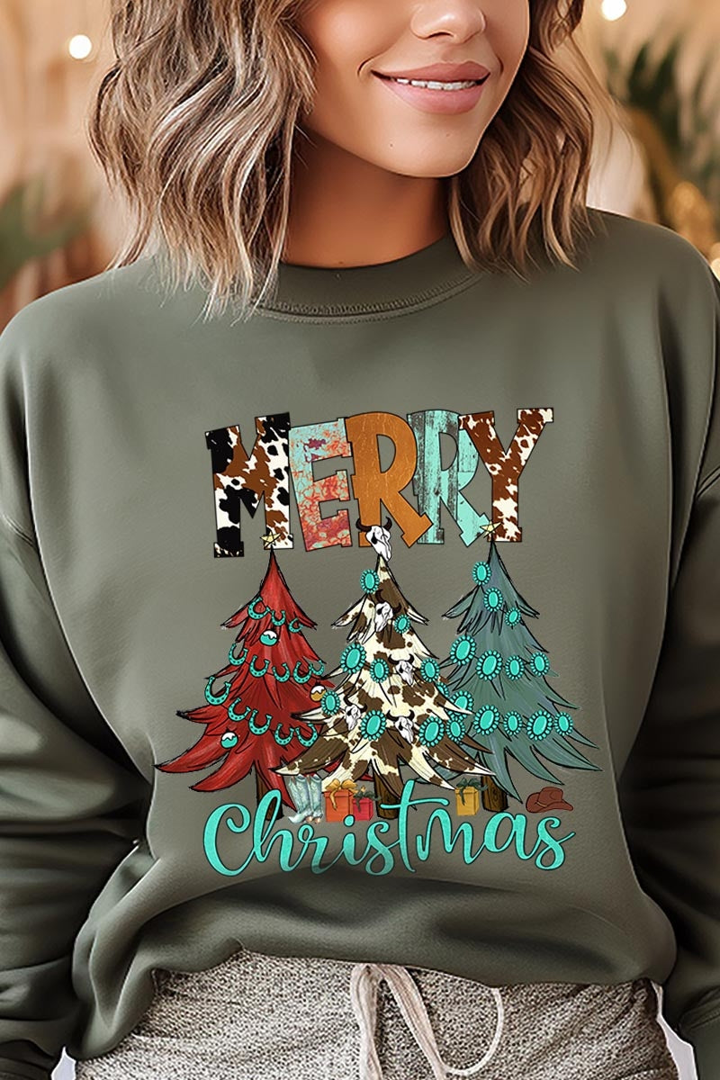 UL180P-E3200 Merry Christmas Trees Graphic Plus Sweatshirt $25