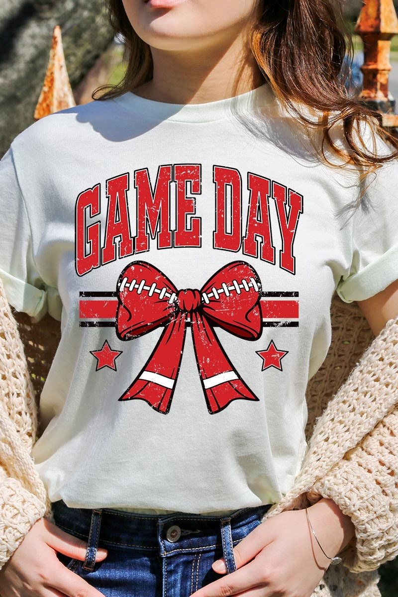 US3001-E3062 Red Game Day Football Bow Graphic Tee $12.5