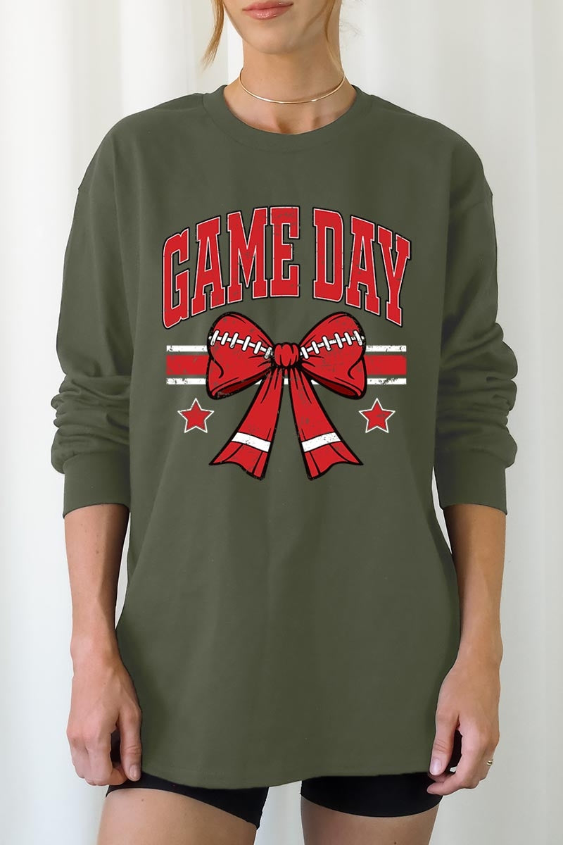UL240-E3062 Red Game Day Football Bow Graphic Long Sleeve Tee $13.75