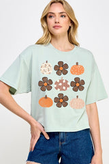 CTS-E3117 Pumpkins & Flowers Fall Graphic Relaxed Crop Top $11