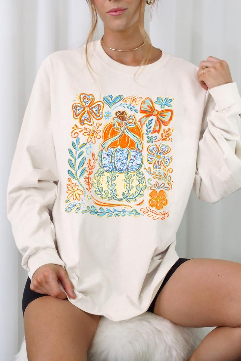 UL240-E3153 Floral Pumpkin Stack Graphic Long Sleeve Tee $13.75